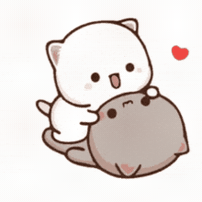 A White Cat Is Hugging A Gray Cat With A Red Heart In The Background . GIF