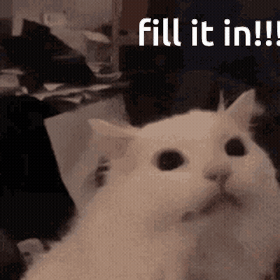 A White Cat Is Sitting In Front Of A Table With The Words `` Fill It In ! '' Written On It . GIF