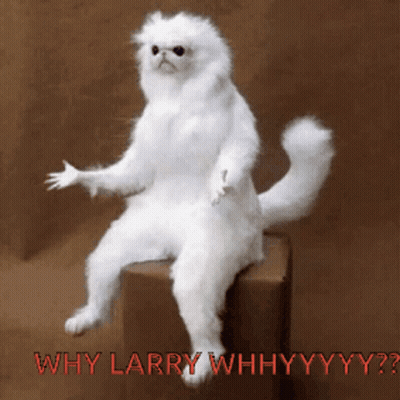 A White Cat Is Sitting On A Box With The Words " Why Larry Why Why Why Why Why " GIF