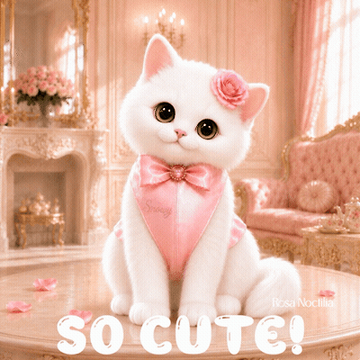 a white cat is sitting on a table with the words so cute written below it