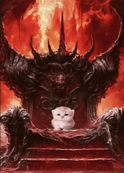 A White Cat Is Sitting On A Throne In Front Of A Demon With Horns GIF
