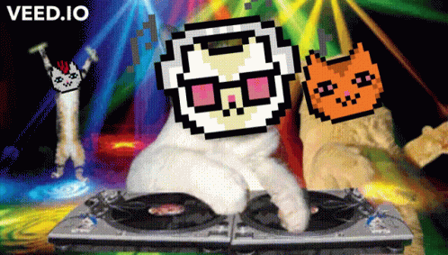 A White Cat Is Sitting On A Turntable With A Pixelated Cat Behind It And The Words Veed.io On The Bottom GIF