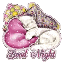 A White Cat Is Sleeping On A Heart Shaped Pillow With The Words Good Night Written Below It . Sticker