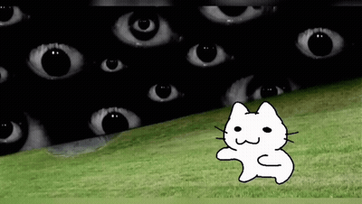 A White Cat Is Standing In A Field With A Lot Of Eyes Behind It . GIF