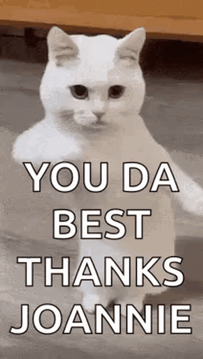 A White Cat Is Standing On Its Hind Legs And Saying `` You Da Best Thanks Joanne '' . GIF