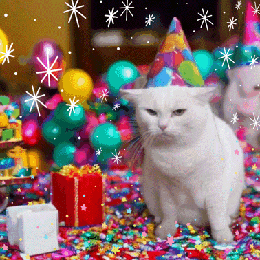 A White Cat Wearing A Party Hat Is Surrounded By Confetti And Presents GIF