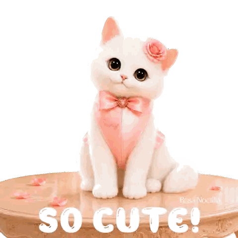A White Cat Wearing A Pink Bow Tie Is Standing On A Table With The Words So Cute Written On It Sticker