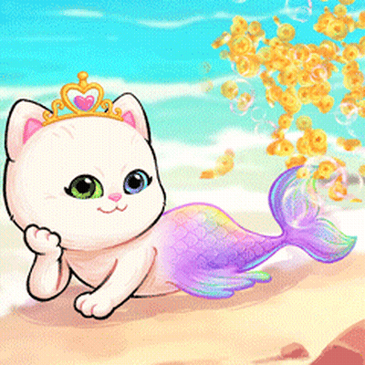 A White Cat With A Crown On Its Head And A Purple Tail GIF