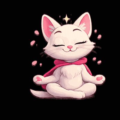 A White Cat With A Pink Scarf Around Its Neck Sits In A Lotus Position GIF