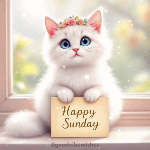 A White Cat With Blue Eyes Is Holding A Card That Says Happy Sunday GIF