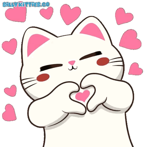 A White Cat With Pink Ears Is Making A Heart Shape With Its Hands . GIF