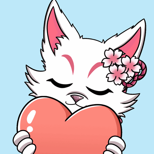 A White Cat With Pink Flowers On Its Head Holding A Heart GIF