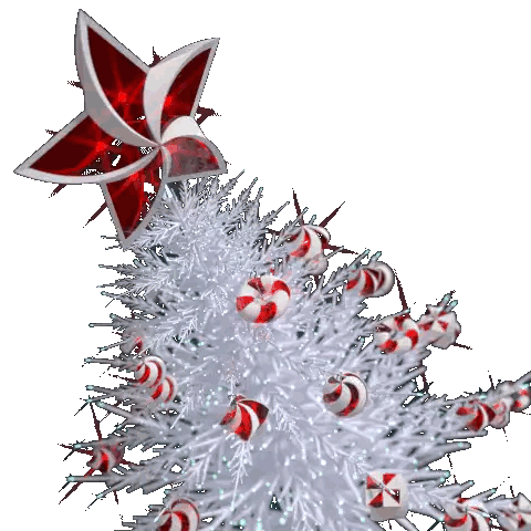 A White Christmas Tree With Red And White Candy Canes And A Star On Top Sticker
