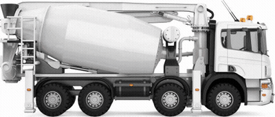 A White Concrete Mixer Truck With A Pump Attached To The Back Of It On A White Background . GIF