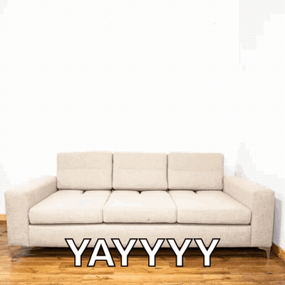 A White Couch With The Words Yayyyy Written On It GIF