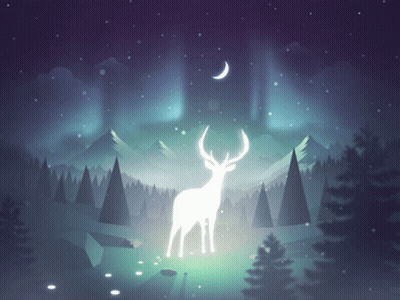 A White Deer Stands In A Forest With A Crescent Moon In The Sky GIF