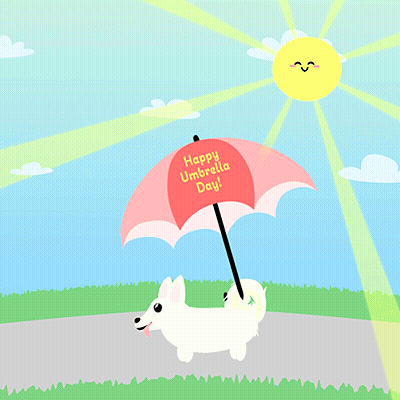 A White Dog Is Holding An Umbrella That Says Happy Umbrella Day GIF
