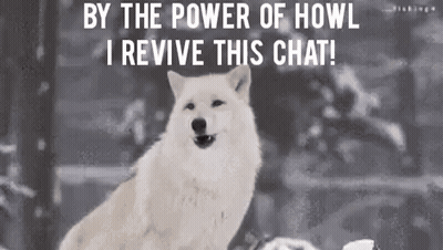 A White Dog Is Sitting In The Snow With The Words By The Power Of Howl I Revive This Chat GIF