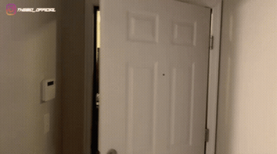A White Door Is Open In A Room With The Word Official On The Wall GIF