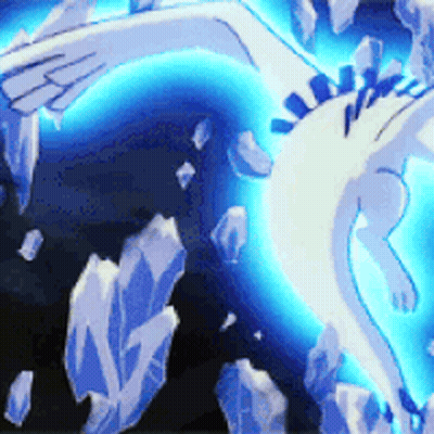 A White Dragon Is Surrounded By Blue Crystals And Ice GIF