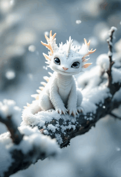 A White Dragon Sitting On A Snowy Branch GIF