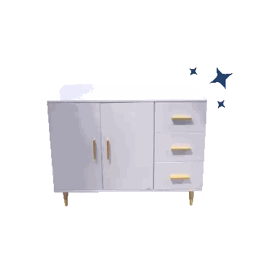 A White Dresser With Three Drawers And Two Doors With Gold Handles Sticker