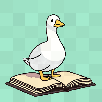A White Duck Wearing A Purple Witch Hat Stands On An Open Book GIF