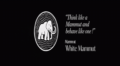 A White Elephant In A Circle With The Words " Think Like A Mammut And Behave Like One " Below It GIF