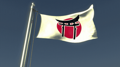 A White Flag With A Red Circle And A Torii Gate On It GIF