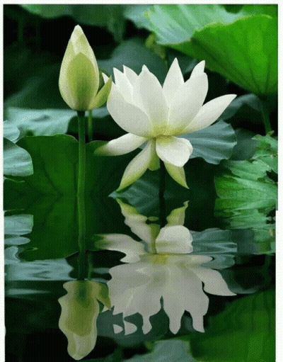 A White Flower Is Reflected In A Pond With Green Leaves GIF