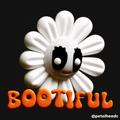 A White Flower With Black Eyes And The Word Bootiful In Orange GIF