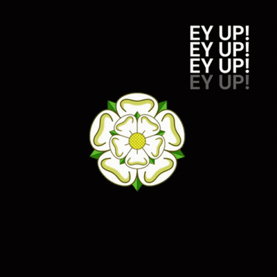 A White Flower With Green Leaves Is Surrounded By The Words Ey Up On A Black Background GIF