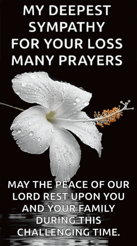 A White Flower With Water Drops On It Is On A Black Background With The Words My Deepest Sympathy For Your Loss Many Pra GIF