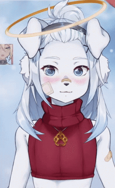 A White Furry Anime Character With A Red Turtleneck And A Paw Print Necklace GIF