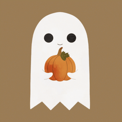 A White Ghost Is Holding A Pumpkin With A Brown Background GIF