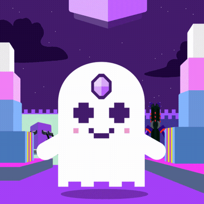 A White Ghost With A Purple Cube In The Middle Of Its Head GIF