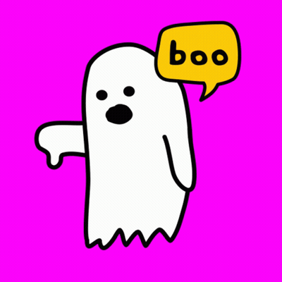 A White Ghost With A Yellow Speech Bubble That Says Boo GIF