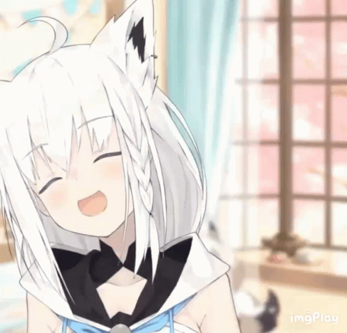 A White Haired Anime Girl With A Cat Ear Is Smiling In Front Of A Window . GIF