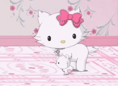 A White Hello Kitty With A Pink Bow Is Walking On A Pink Floor GIF
