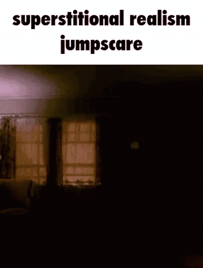 A White Horse In A Dark Room With The Words Superstititional Realism Jumpscare GIF
