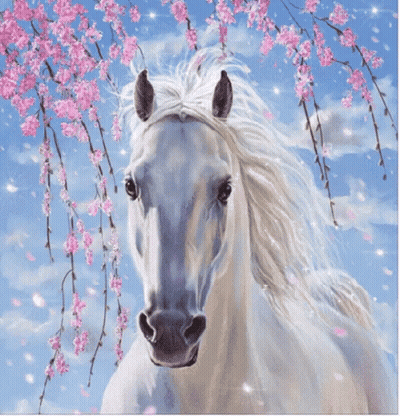 A White Horse Is Standing In Front Of A Tree With Pink Flowers GIF