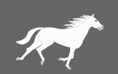 A White Horse With A Long Mane Is Walking On A Grey Background GIF