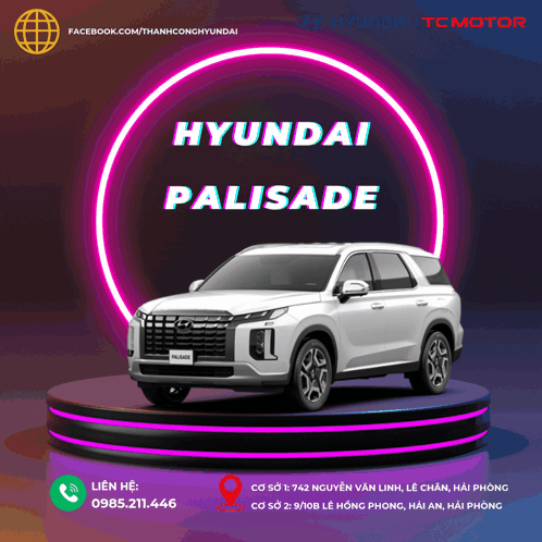 A White Hyundai Palisade Is Displayed In Front Of A Neon Circle GIF
