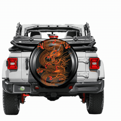 A White Jeep With A Tire Cover With A Dragon Design On It GIF