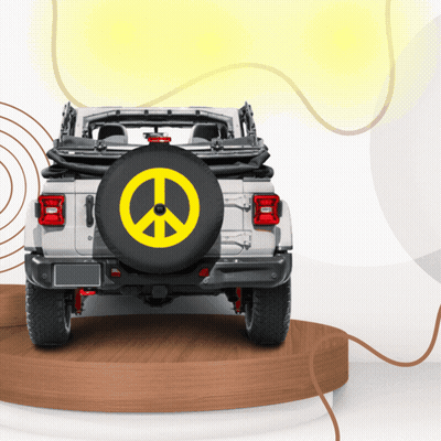 A White Jeep With A Yellow Peace Sign On Its Spare Tire GIF