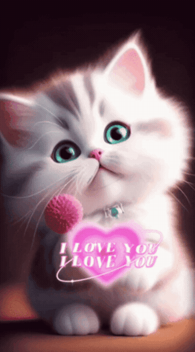 A White Kitten Holding A Pink Heart With The Words I Love You On It GIF