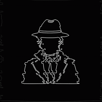 A White Line Drawing Of A Man Wearing A Hat And Coat . GIF
