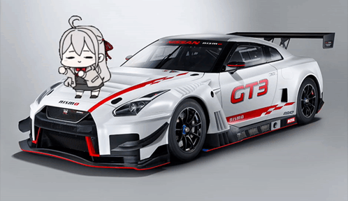 A White Nissan Gt3 Race Car With A Cartoon Girl Standing Next To It GIF