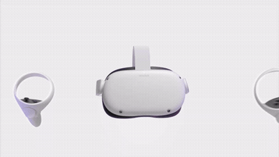 A White Oculus Quest 2 Headset And Controllers On A Purple Background GIF