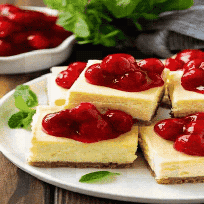 A White Plate Topped With Cheesecake And Cherries GIF